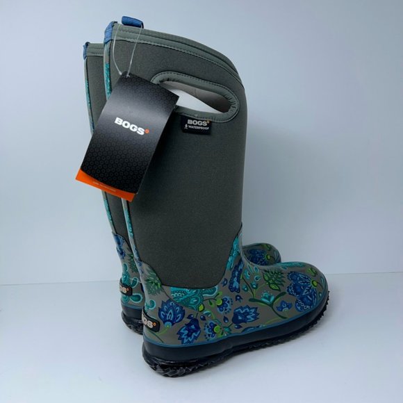 Bogs Womens Classic Winter Blooms Boots Blue Gray Floral Mid Calf Pull On 6 New - Picture 8 of 12